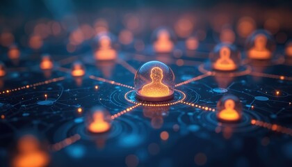 Obraz na płótnie Canvas Abstract network connects glowing human icons on dark digital background. Data flow links people digitally. Global network for info exchange. Future tech concept.