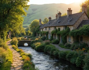 Scenic stone cottage village sits beside river. Arch bridge crosses water. Houses, trees, grass grow in nature. Warm light falls on hills landscape. Charming view for travel articles.