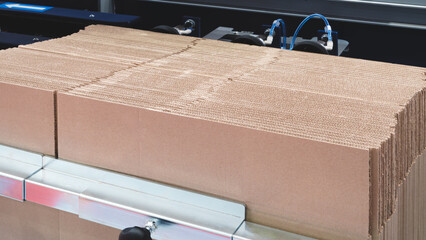 Folded cardboard boxes stand in a row on a packaging machine conveyor ready to be opened and filled with food products.