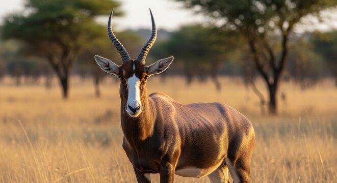A Magnificent Bontebok Grazing in the Serene South African Savanna at Sunset