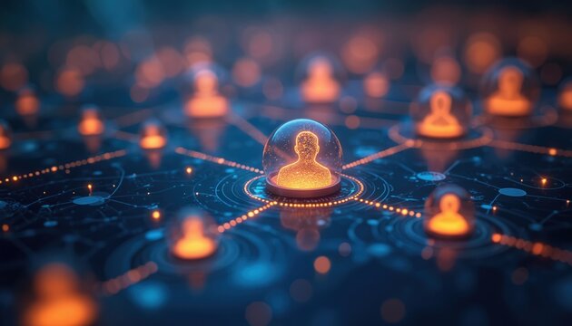 Abstract network connects glowing human icons on dark digital background. Data flow links people digitally. Global network for info exchange. Future tech concept. - Powered by Adobe