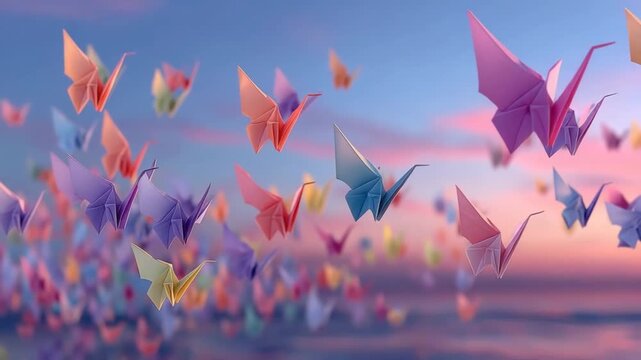 Colorful Origami Cranes Flying Over Water At Sunset With Dreamy Sky Background