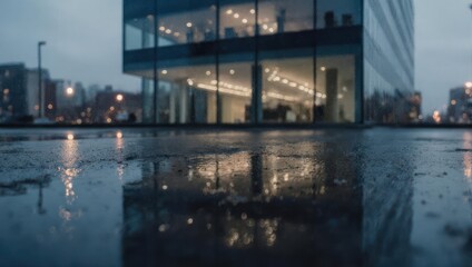 Modern Office Building Reflecting in Wet Pavement at Dusk.