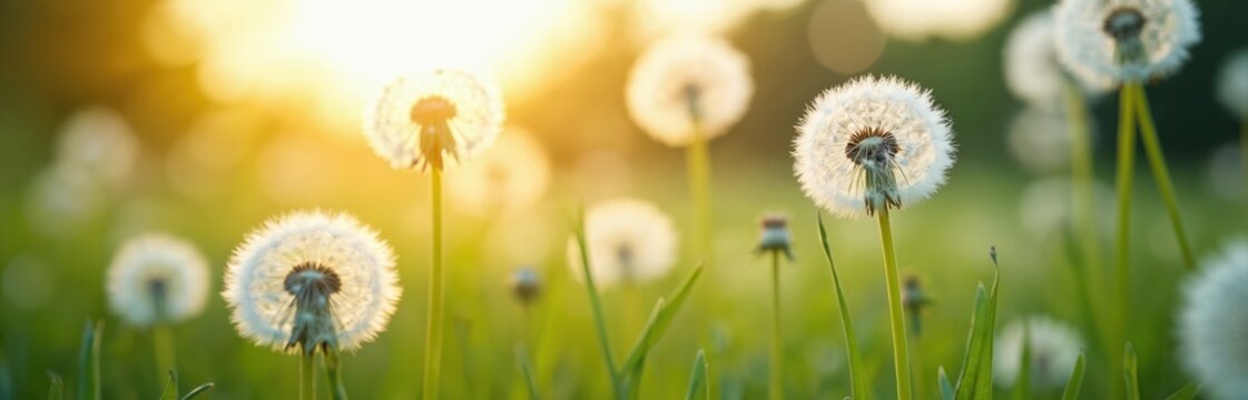 White fluffy dandelion seed heads stand in a fresh green grass field at sunrise. Golden sun light shines creating warm glow and bokeh. Beautiful nature background with spring meadow plants design. - Powered by Adobe