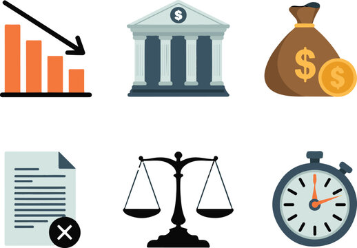 Financial business concept with falling graph money bag courthouse balance time and rejected document in flat vector illustration