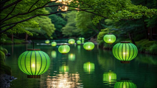 Christmas green lanterns float on water in peaceful eco friendly garden, glowing with energy and creating festive tranquil atmosphere