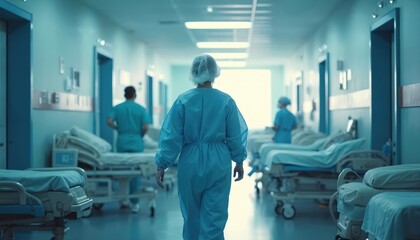 Medical personnel in hazmat suits walk down hospital corridor past empty beds. Caregivers move through ward, busy with patient care duties. Doctors and nurses work in clinic, serving patients.