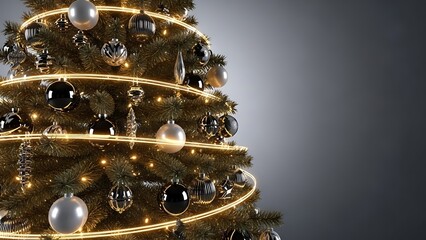 Close up of a decorated christmas tree with warm lights and ornaments