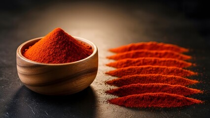 Red chili powder with wooden bowl and lines hot spice presentation
