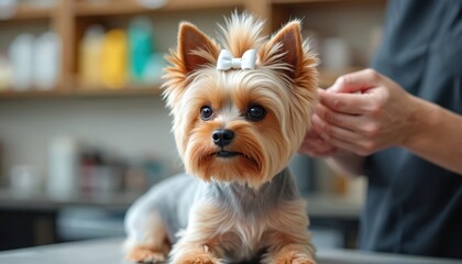 Yorkshire terrier dog has grooming in salon. Woman cares puppy. Small dog breed gets hair cut and styled with bow. Groomer work on doggy appearance. Pet care service.