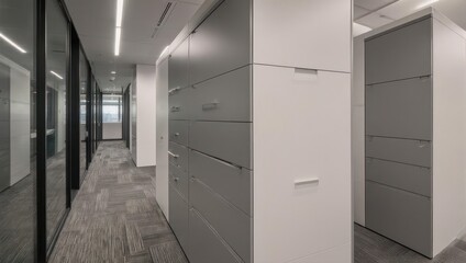 Modern Office Hallway with Sleek Design and Natural Light.