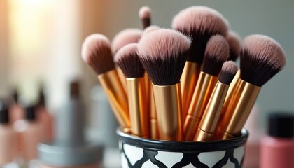 Makeup brushes arranged in a decorative holder. Professional cosmetic tools for foundation eyeshadow and blush application. Beauty accessories for face makeup. Glamour and fashion concept.