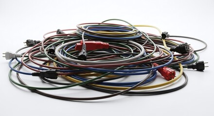 A tangled pile of assorted electrical extension cords isolated on white background
