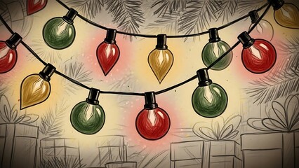 Colorful vintage christmas lights strung across a background of presents and pine needles