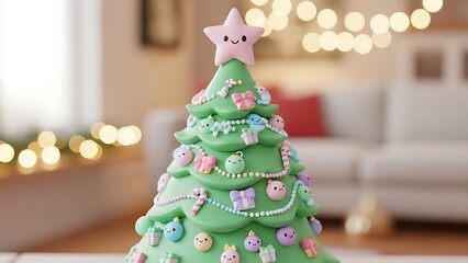 Cute green christmas tree decoration with star topper and ornaments