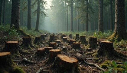 Cut tree trunks in forest. Stumps remain after logging. Deforestation affects eco system. Trees felled for timber. Forest floor with moss, branches. Tree roots visible among stumps. Woodland area