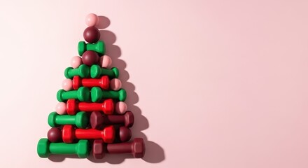 Christmass tree, made of small bright studio dumbbells or hand weights and massage balls, light pink background with copy space. Fitness and gym during holiday season. Healthy lifestyle and sport