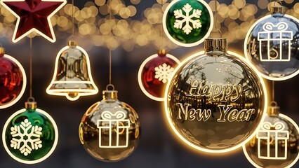 Festive christmas and new year ornaments with glowing lights