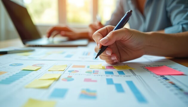 Team plans work with laptop and charts on table. Colleague writes notes on paperwork and sticky pads. Analyzing data strategy for business growth in office environment.