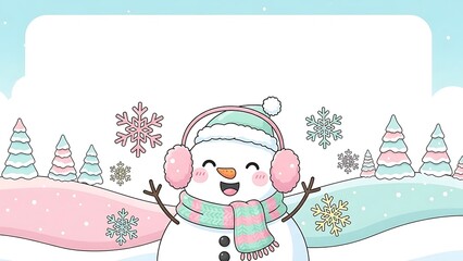 Cute cartoon snowman wearing earmuffs and scarf with snowflakes and winter trees
