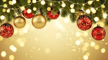 Festive christmas tree branches adorned with red and gold ornaments and twinkling lights