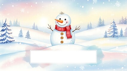 Cute snowman with red scarf in snowy winter landscape with copy space