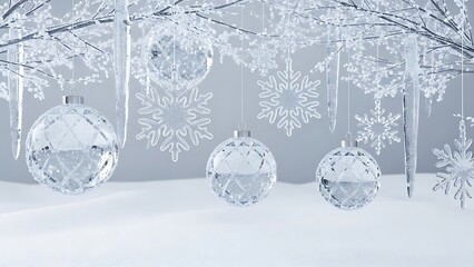 Sparkling winter decorations with icicles and snowflake ornaments