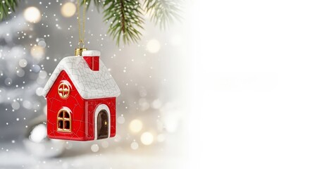 Christmas tree ornament in shape of red house as ceramic or porcelain figurine, festive background with copy space. Christmas card or banner for real estate, sales on holidays, new home or apartment