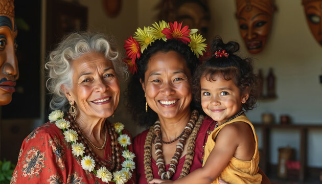 Three generations of Samoan women smile happily together. Grandmother, mother, and daughter pose for portrait. Traditional culture and family love radiate from this warm ethnic group photo.