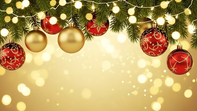 Festive christmas tree branches adorned with red and gold ornaments and twinkling lights