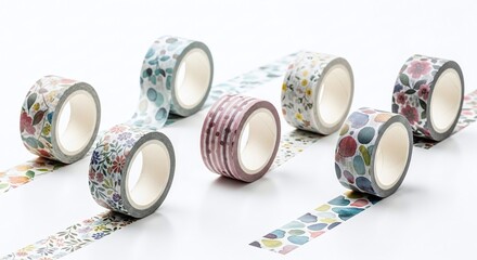 Collection of decorative floral and patterned washi tape rolls on white background