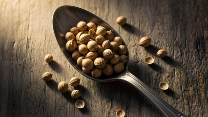 White peppercorns on metal spoon dark background food spice photo
