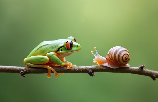 Tree frog and snail rest on branch. Green tree frog with big eyes observes snail. Snail crawls closer to the frog. Concept of friendship is presented.