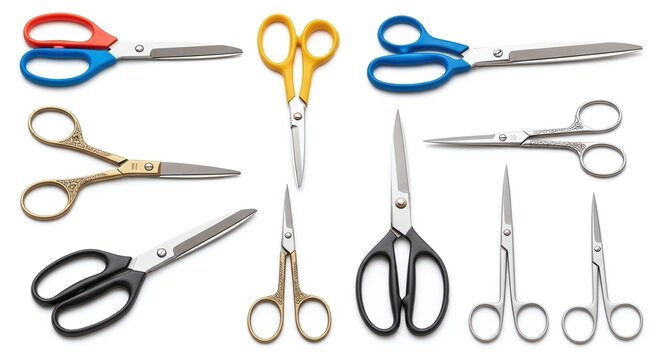 Collection of various types of scissors isolated on white background