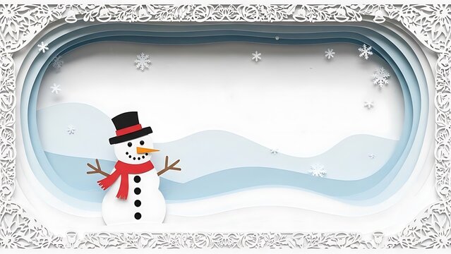 Cute snowman in a snow globe with winter landscape and falling snow