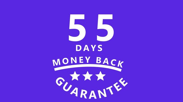 55 Days Money Back Guarantee Badge With Stars On Purple Background refund return