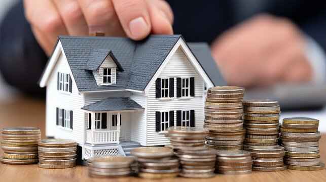 Home investment concept featuring a miniature house and coins. Ideal for financial planning, real estate, and property investment themes. The image conveys wealth and growth.