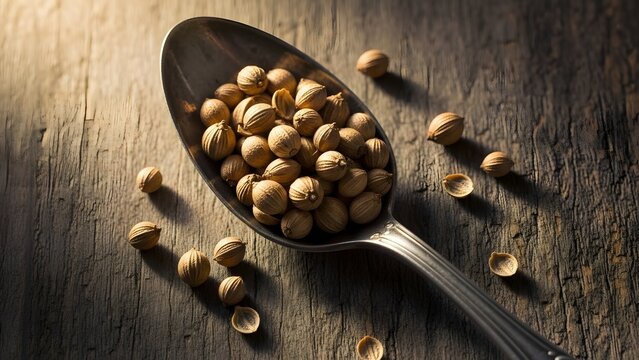 White peppercorns on metal spoon dark background food spice photo