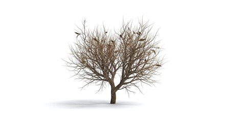Fototapeta premium Bare deciduous tree with small birds perched on branches isolated on white background