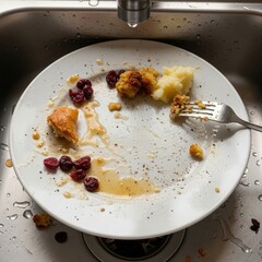 A poignant plate with scattered remnants of a recently enjoyed meal in a sink