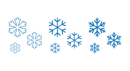 Collection of stylized blue snowflakes in various sizes and designs on a clean white background, ideal for winter icons, Christmas decorations, web graphics, packaging, patterns and seasonal design pr