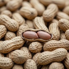 A plentiful array of fresh peanuts with one split open to reveal the shelled goodness