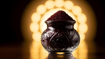 Glass jar filled with red chili powder on dark background, aromatic spice food photography