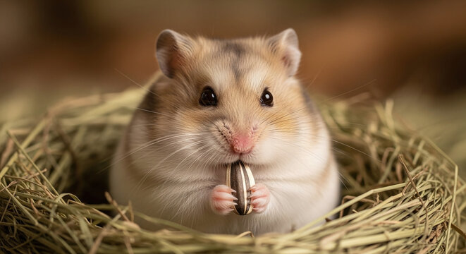 Hamster eating sunflower seed in nest.