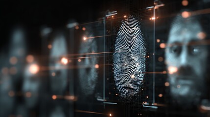 Futuristic technology showcasing a digital fingerprint alongside blurred faces, representing identity verification and modern security systems in a sleek, high-tech environment.