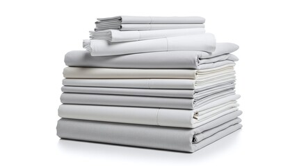 Stack of neatly folded white and gray linen sheets isolated on white background