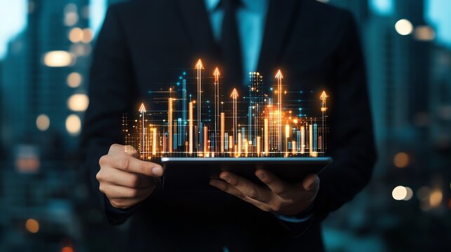 A professional businessman holds a tablet displaying a glowing financial graph, symbolizing progress and innovation in a modern urban environment.