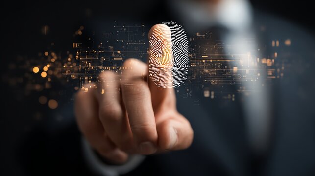 A businessman stimulating security and innovation with a fingerprint unlock. The digital interface showcases a blend of technology and personal identity in modern society.