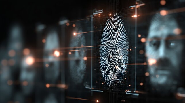 Futuristic technology showcasing a digital fingerprint alongside blurred faces, representing identity verification and modern security systems in a sleek, high-tech environment.