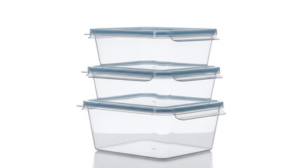 Stack of three clear plastic food storage containers with blue seal